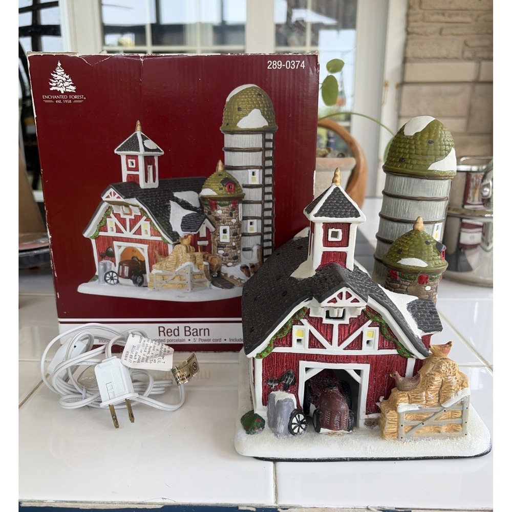 Enchanted Forest Light-Up Red Barn Farm Hand Painted Porcelain With Box (Dshlf)
